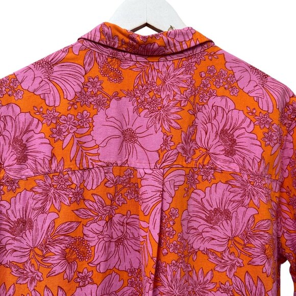 Universal Thread Womens Top Large Pink Orange Floral Linen Blend Button Up Shirt - Picture 5 of 11